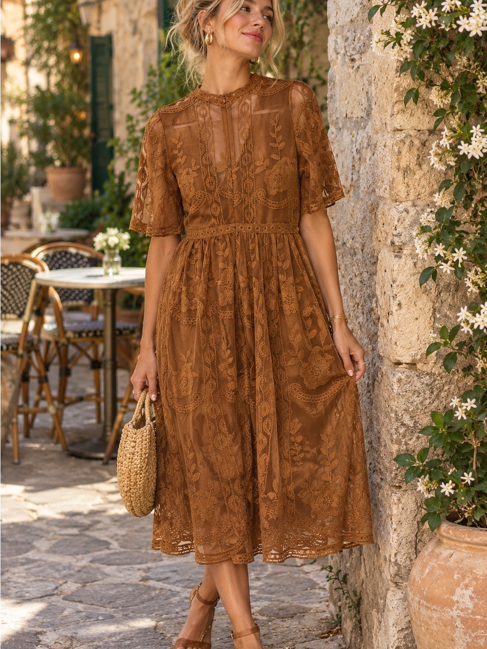 Haute Monde Brown Lace Midi Dress